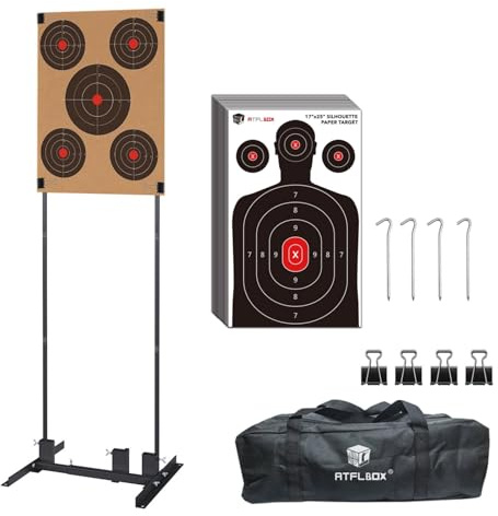 Atflbox Shooting Target Stand with 10pcs 17x25 Inch Paper Targets, Durable Paper Target Holder with Stable Adjustable Base for Cardboard Silhouette, H Shape, USPSA/IPSC, IDPA Practice (A -1 Pack)
