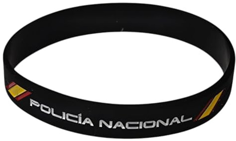 Genérico Pulsera Policía Nacional de Silicona – Color Negro con Letras Blancas, Bandera de España y Franja Azul – Unisex, 63 mm de Diámetro Interno, 12 mm de Ancho, 21 cm de Contorno - 1 Unidad