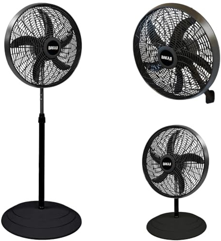 BAKAJI Ventilatore 3in1 Piantana Da tavolo Parete in Acciaio e Plastica 3 Velocita Regolabili Funzione Oscillazione Potenza 55W, Base Tonda Antiribaltamento, Silenzioso (51 cm)
