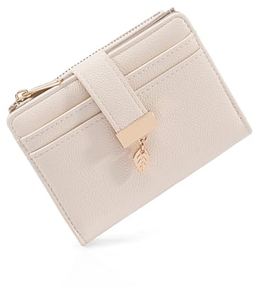 Pomelo Best Women's RFID Wallet - Vegan Leather Bi-fold Small Ladies Purse with Zipper Coin Pocket & ID Window - Leaf Charm Compact Wallet for Women (Beige)