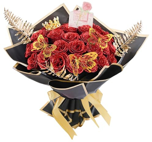 Prelisee 24 Pièce Bouquet de Fleurs Artificielles Scintillantes Rouge Roses Artificielles Faux Bouquet Fausse Longue Tiges Fausse Bouquet de Fleur DIY Fleurs Artificielles Deco pour Mariée,Table,Fête