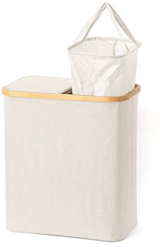 Panier à linge 110 L crème – Corbeille à linge pliable avec 2 compartiments, sacs amovibles avec poignées et couvercle – Pour salle de bain, buanderie, chambre et salon