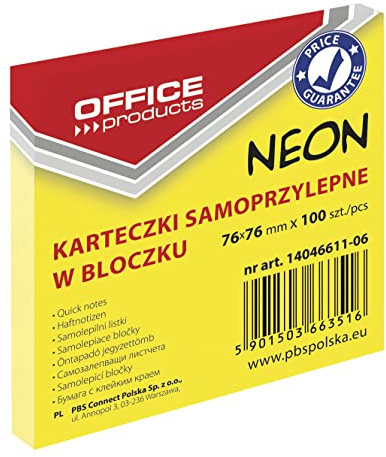 OFFICE PRODUCTS 14046611-06 Haftnotiz 76 x 76 mm, 1 X 100 Blatt, Neon/gelb