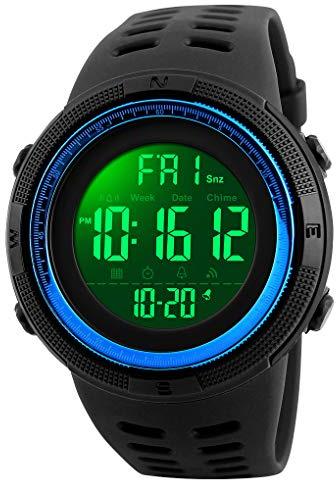 Hjärtfrekvensklocka för män multifunktion sport digital klocka 50 m vattentät LED elektronisk display stegräknare kaloriövervakning armé militär armbandsur bakgrundsbelysning stoppur kalender rem BLÅ