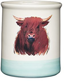 KitchenCraft Apple Farm Hand-Finished 'Hamish Highland Cow' Ceramic Utensil Holder, 12.5 x 12.5 x 14.5 cm (5 x 5 x 5.5) - Cream/Sage Green