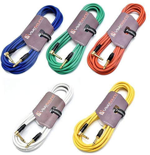 VisioSound Premium Guitar Bass Lead 6.35mm 1/4 Angled Jack/Pro Noiseless Instrument Cable (Multi-coloured, 6m, Pack of 5)