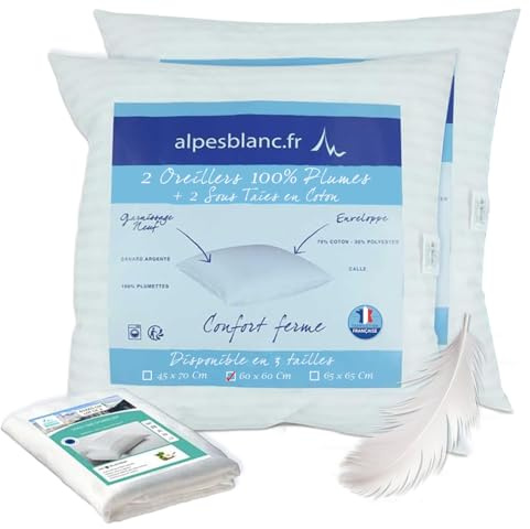 Alpes Blanc - Pack 4 pièces : 2 Oreillers en Plumes + 2 Protèges Oreillers 100% Coton - 60 x 60 cm – Accueil Moelleux, Soutien Ferme - Fabrication Française