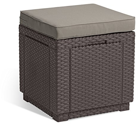 Allibert by Keter Cube Hocker mit Stauraum, braun, inkl. Kissen, Deckel abnehmbar, flache Rattanoptik, wetterfest, 42x42x39cm