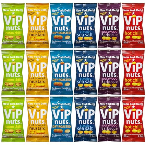 New York Delhi ViPnuts, Selection Box (18 x 63g) 6 to 7 Flavours, Hot chilli, Lemon, BBQ, Honey & Mustard, Cheese & Onion, Classic, Dry Roasted Flavoured Peanut, High Protein. 18 assorted Packs