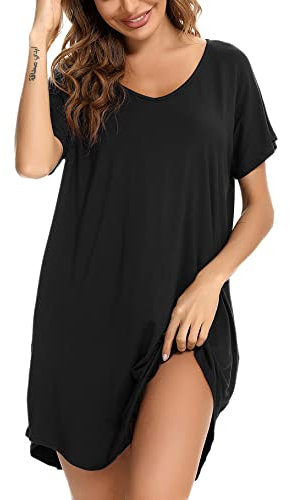 Aseniza Damen Nachthemd Kurzarm Baumwolle Nachtwäsche Negligee Loose fit Schlafhemd Kurze Sommer Schlafshirt Knielang Nachtkleid,A-Schwarz,XL