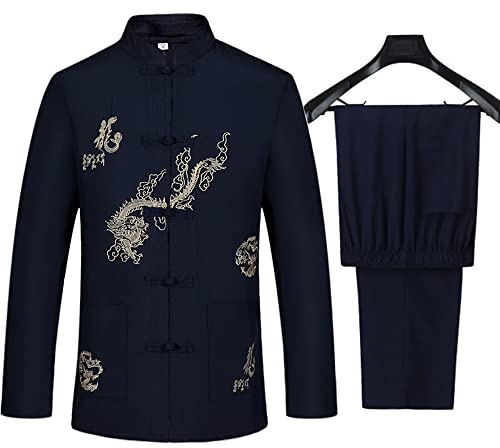 wecotton Kung Fu Uniform Tang Men Chinese Traditional Clothing Hanfu Martial Arts, Dark Blue, US M (Asia Size XL)