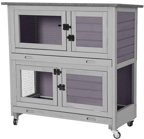 Aivituvin 36 Rabbit Hutch Bunny Cage Indoor Outdoor Guinea Pig Cage 2 Story Wth 2 Tray, Trap Door and Wheels (Grey, AIR77)