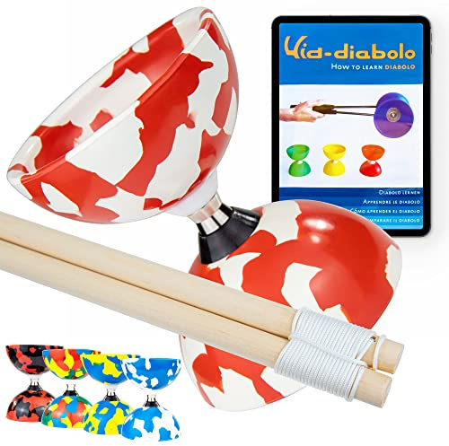 Juggle Dream Jester Diábolo Set para Malabares - Diábolo con Eje de Rodamientos con Palos de Madera y Vídeo de Aprendizaje en Línea (Rojo/Blanco)