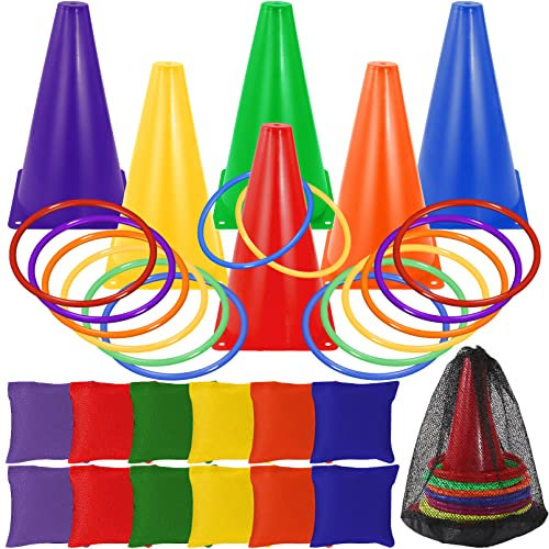 Erinnmy 31 Stück Kinderparty Wurfspiele,3-in-1 Wurfspiel Kinder Outdoor Spiele Set,Party Werfen Spiele mit Verkehrskegel Sitzsäcke Wurfringe,Ringwurfspiel für Kinder Garten Party Sport Party Spiele