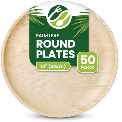 ECO Leaf 50 Disposable Palm Leaf Plates | 10”(25cm) Round Compostable Dinner Plates | Eco-Friendly, Biodegradable Heavy-Duty Plate for Wedding, Party & Picnic |Microwave & Oven Safe