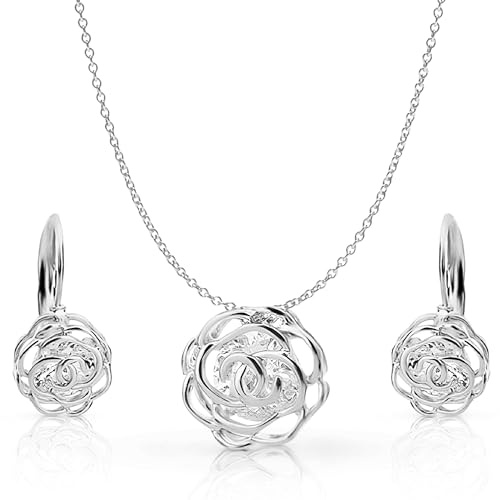 Crystalline Azuria Mujer 18ct Chapado en Oro Blanco Flores Rosas Cristales Juego de joyas Collar Pendientes para Mujer Niña Boda Novia y Dama de honor