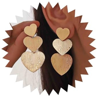 Inateannal Boucles d'oreilles pendantes en forme de cœur Boucles d'oreilles pendantes en forme de cœur texturé doré Boucles d'oreilles pendantes triples en forme de cœur Longues boucles d'oreilles