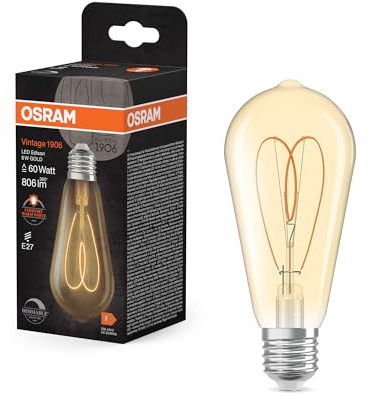 OSRAM Vintage 1906 Edison est une blanc chaud à intensité variaben forme d'ampouEdison avec filament. Il offre 8 W pour 806 lm,E27, verre doré, diamètre 64 mm, 2200 K, EEK F.