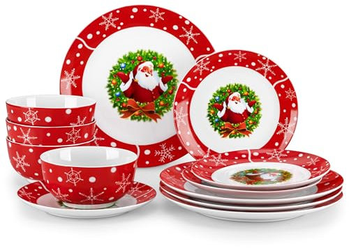 VEWEET Service de table en porcelaine pour 4 personnes, 12 assiettes et bols de Noël pour les repas festifs de Noël et les réunions de famille, série Père Noël