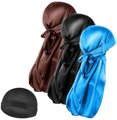 Molain 3 gorras de seda onduladas para hombre y 1 gorra sedosa Durag con diademas de cola larga, durags elásticos, suaves, transpirables, sedosas, perfectas para ondas 360/720 (negro, café y azul)