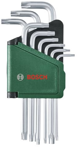Bosch Torx-Schlüssel Satz 9-teilig (Multifunktionale Torx-Schlüssel aus S2-Stahl; TX8-TX40; Langer Schaft; Rostgeschützte Oberfläche, Aufbewahrungsclip)
