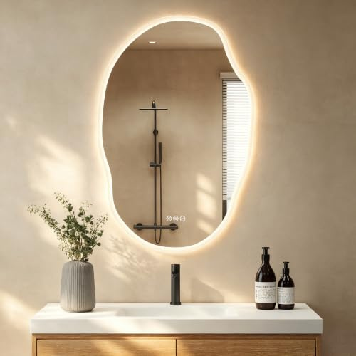 S'bagno Irregular Espejo Baño con Luz 60x90cm, Bluetooth Espejo Baño Led, Antivaho, 3000K-6500K, Regulable, Memoria, Cristal Templado HD, IP44, Horizontal o Vertical