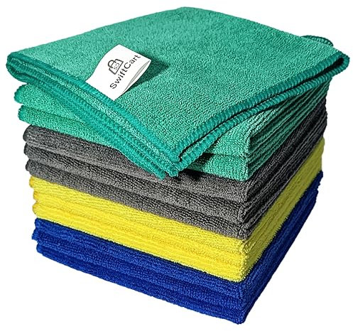 SwiftCart Microfibre Cloth | Size 32x32cm | Pack of 12 | Lint Free, Thick, Super Absorbant Microfibre Cleaning Cloths for Home & Kitchen, Glass, Windows, cars & all types of cleaning.