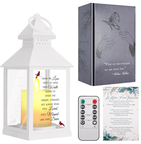 Sympathy Gifts for Loss of Loved One, Bereavement Memorial Lanterns with Card - Remembrance Gifts for Loss of Mother or Father with Candle and Remote (White)