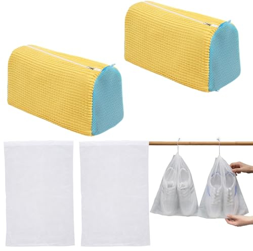 2 Pcs Sacchetto Scarpe Lavatrice, Sacchetto per Lavare Scarpe in Lavatrice con Pulizia a 360°, 4 Sacchetti Polvere, senza Pelucchi, Riutilizzabile, Sacchetti Lavatrices Scarpes Sportive Rete(Giallo)