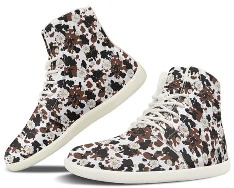 NETILGEN Breiter High-Top-Barfuß-Sneaker aus Rindsleder mit Daisy-Muster, Knöchelstütze und Zero-Drop-Sohle, Lauf- und Joggingschuhe für draußen