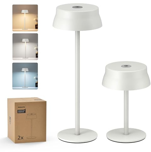 Philips Lampe de Table Sans Fil, Bureau LED Portable pour Extérieur, Alimentée par Batterie Rechargeable, 2 Hauteurs Réglables, Contrôle Tactile et 3 Couleurs avec Gradation Continue, Étanches