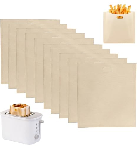 Non-Stick Toaster Bags, 10PCS Reusable Toaster Bag, Toastie Bags for Grilled Cheese Sandwiches Pizza Panini(Beige)