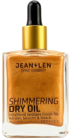 Jean & Len Shimmering Dry Oil, dona una lucentezza di bronzo, olio secco nutriente per corpo, viso e capelli, profumo floreale, senza parabeni e siliconi, vegano, 50 ml