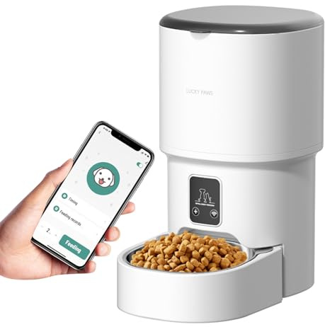 Bizcasa Comedero Gato 4L Automatico Dispensador 1-6 Comidas al DíA, Cubeta de Acero Inoxidable, Dispensador Comida con Temporizador, Dispensador Comida Gatos y Perros (Blanco - WiFi - 4L)