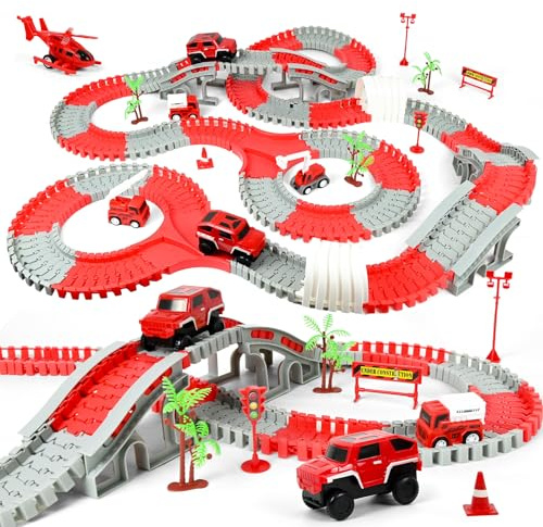 HERMORRYSS Pistes de Course pour Enfants, 300+ Pièces Kit de Construction Voiture avec 6 Voitures Jouets, Circuits Trains Jouet avec Piste Voiture Flexible, Cadeaux pour Enfants de 3+Ans Garçon Fille