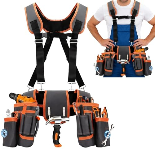 Cintura porta attrezzi Borsa da Cintura Con 26 tasche, Borse Porta Attrezzi Magnetiche per Uomo, Borse da Cintura Rimovibili Borsa Porta Attrezzi (26 tasche + bretelle)