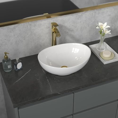 Sarlai Countertop Bathroom Sink - Oval White Porcelain Ceramic Vessel Sink Above Counter Wash Basin 400x330x145 mm
