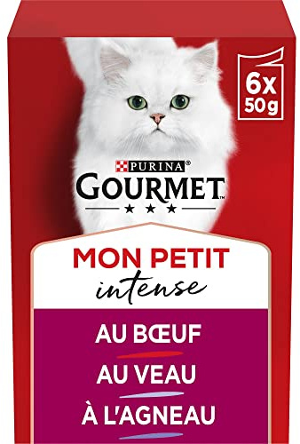 GOURMET | MON PETIT INTENSE | Chat Adulte | Emincés en sauce | Sélection à la viande : Bœuf, Veau, Agneau | Sachets Fraicheur | Lot de 8 (6 x 50 g)
