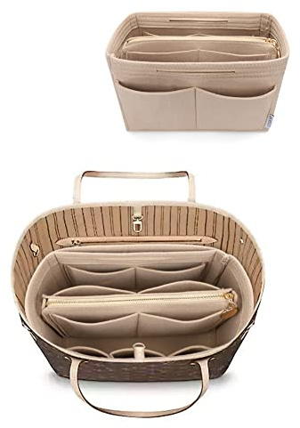 LEXSION Felt Purse Bag Organizer Insert with zipper Bag Tote Shaper Fit Speedy Neverful PM MM, 1-Beige, L