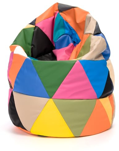Ecopuf - Pouf Poltrona Sacco Patchwork Design Mis. L in Ecopelle - Puffo per sedersi da Interno/Esterno - Pouf Sacco Antistrappo Antimacchia - Poltrona a Sacco Imbottitura in Perle di Polistirolo