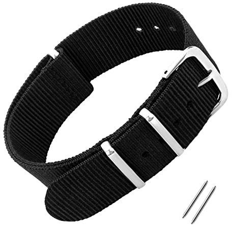 Cobee Uhrenarmband aus Nylon, Armbänder für Männer und Frauen Ersatz Militärarmband mit 4 Ringen Armband Uhrenarmbänder Schwarze Uhrenarmbänder mit silberner Metallschnalle (22mm, Schwarz)