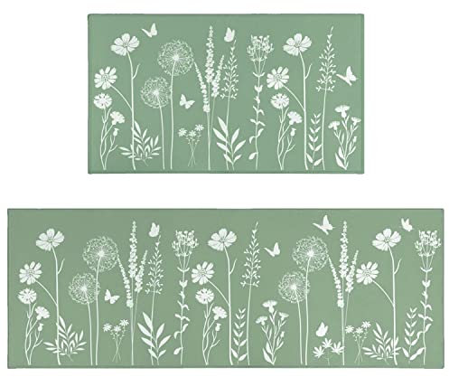 Sage Green Kitchen Mat Set of 2 - Plant Floral Butterfly Rugs with Runner, Leaves Rugs for Home - 17x30 and 17x47 Inch