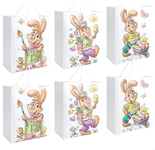 com-four® 6x Ostertasche mit Motiv - Papierbeutel zum Befüllen - Ostertüte für Geschenke und Ostereier - Geschenktasche aus Papier mit Tragekordel im Osterdesign (06 Stück - groß - Hasen)