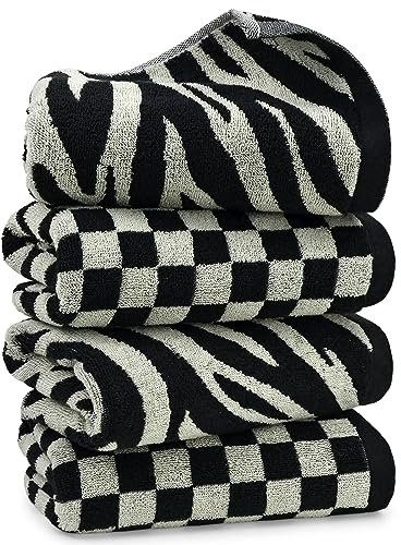 Jacquotha Badezimmer-Handtücher, 2 Stile, 4 Stück, Schwarz, kariert und Zebra, Baumwolle