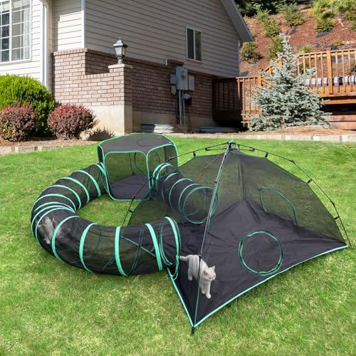 Pawtenda Carpas para Gatos de Interior y Exterior, Tienda Plegable con Túneles, Corralito Portátil 4 en 1 para Mascotas, Incluye 2 Tiendas