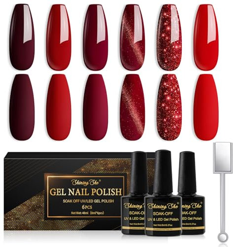 Shining She Gel Nail Polish Red, 6 Colours Cherry Red Burgundy Dark Glitter Gel Polish Set Cat Eye Nail-Polish Soak-Off UV/LED Gift for Nail-Art Salon DIY Home, 8ML