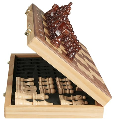 SANCHKEN Juego de ajedrez magnético 38 cm Juego de tablero de ajedrez de madera para adultos y niños, tablero de ajedrez plegable con ranura de almacenamiento - 2 reinas extra (marrón-b)
