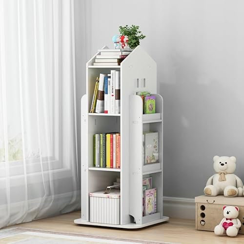 Warmiehomy Rotating Kids Bookshelf White Children's Bookcase Revolving Corner Bookshelf Storage Rack for Kids Toddler Children Playroom Study Room