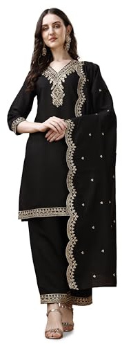 Pratham Blue Kurta da donna Chanderi in seta ricamata con palazzi e Dupatta, nero, L