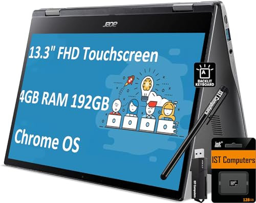 acer Chromebook Spin 513 2-in-1 Laptop (13.3 FHD Touchscreen, Qualcomm CPU, 4GB RAM, 192GB Storage(64GB eMMC+128GB SD Card)) Home & Student, Webcam, Backlit, IST Pen, SD Card Reader, Chrome OS, Gray